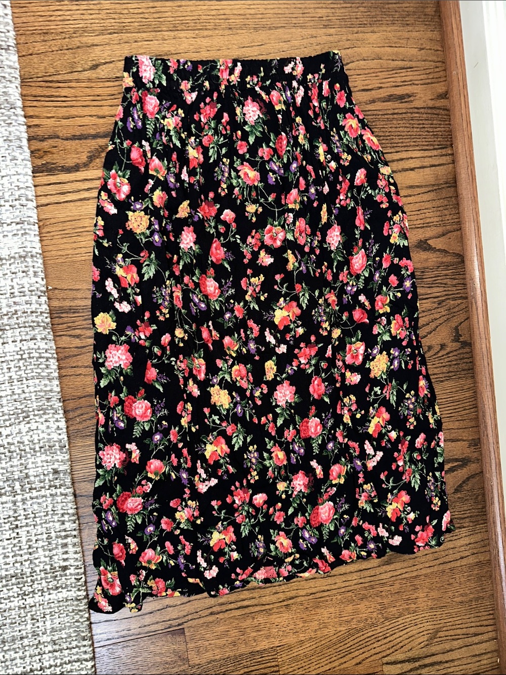 Floral Midi Skirt in Black with Pink & Yellow Blooms
